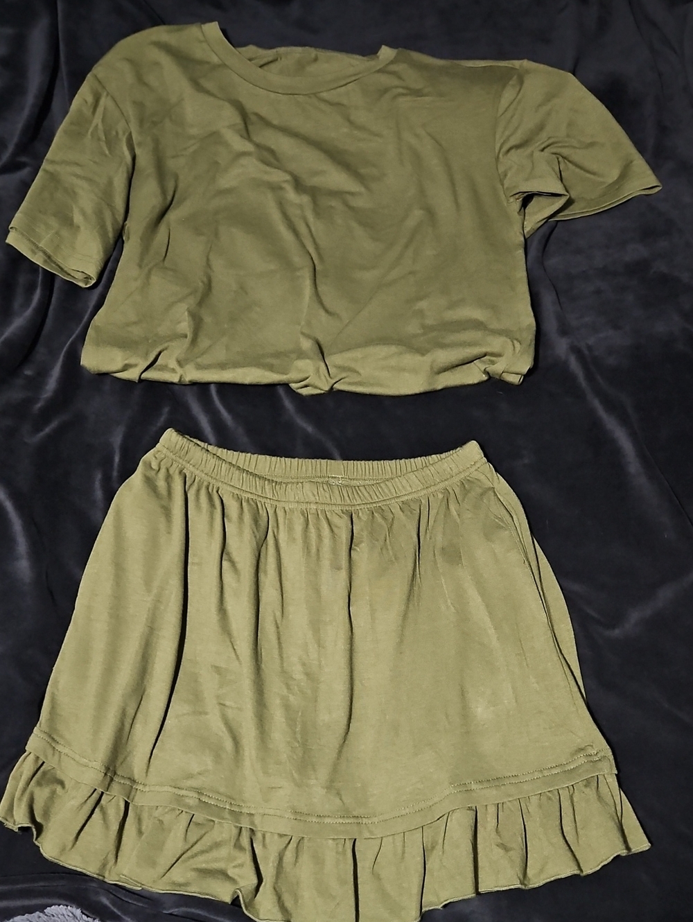 Olive Green Ruffle Hem Mini Skirt - Casual Elastic Waist
